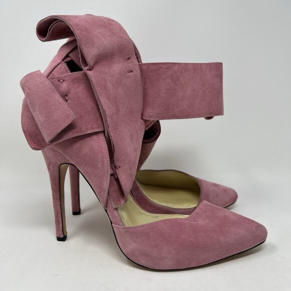 Aminah Abdul Jillil Pink Suede Bow Pumps Stiletto Heels Pointed Toe Size 11 - Picture 3 of 12